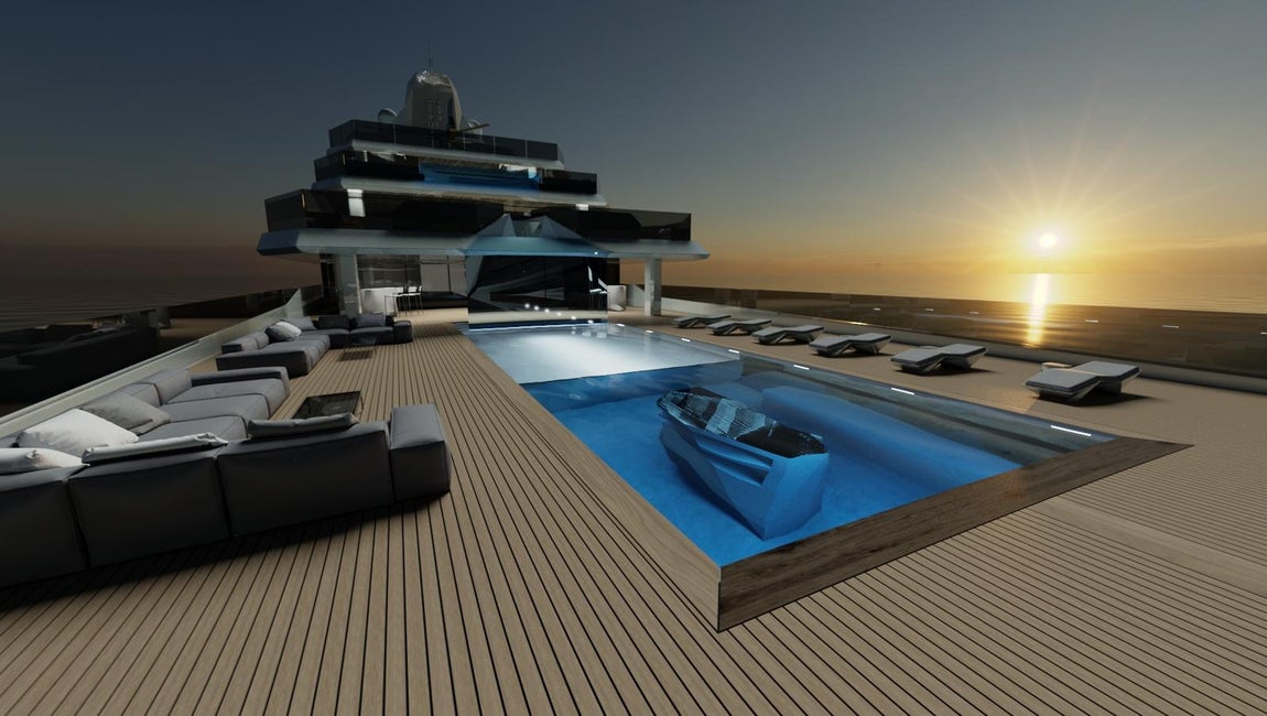 Equilibrium. Aquí volvemos a conectar con uno de los distintivos de este Superyacht. El techo único del Nightclub constituido por el fondo de la piscina. Además, su diseño geométrico a base de triángulos y luces indirectas consigue un juego perfecto de profundidades y un efecto visual innovador que no deja a nadie indiferente