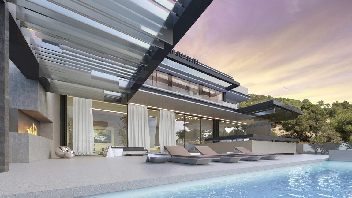 Ubanización en Ibiza. El apartamento de David Villa mide 300 m2 y tiene su propia piscina privada además de acceso a la comunitaria. La obra es de estilo contemporáneo donde reinan los espacios diáfanos. Se comunica con el exterior mediante ventanales de suelo a techo. En el porche se integró, además de la piscina, una chimenea exterior y un espacio de relax con solarium