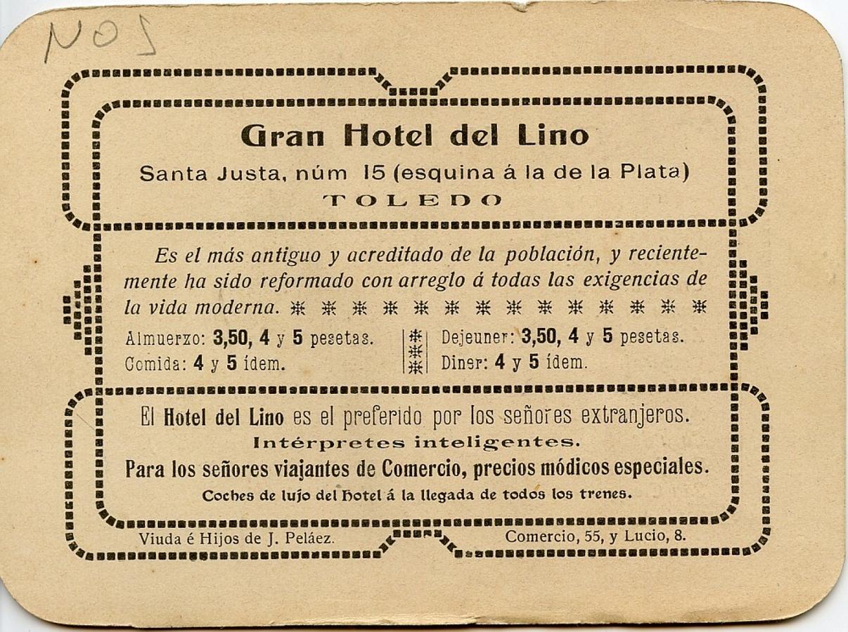 Reverso de una postal comercial del Hotel del Lino a principios del siglo XX. Archivo Municipal de Toledo. Colección Luis Alba. 