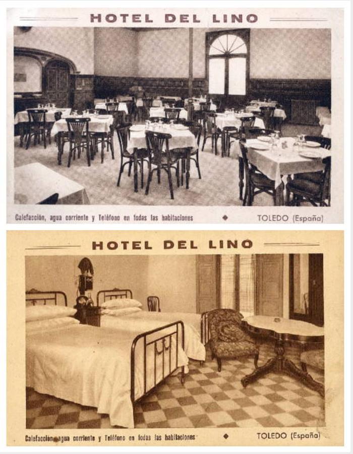 El comedor y una habitación del Hotel del Lino. Postales comerciales hacia 1930. ARCHIVO MUNICIPAL DE TOLEDO. 