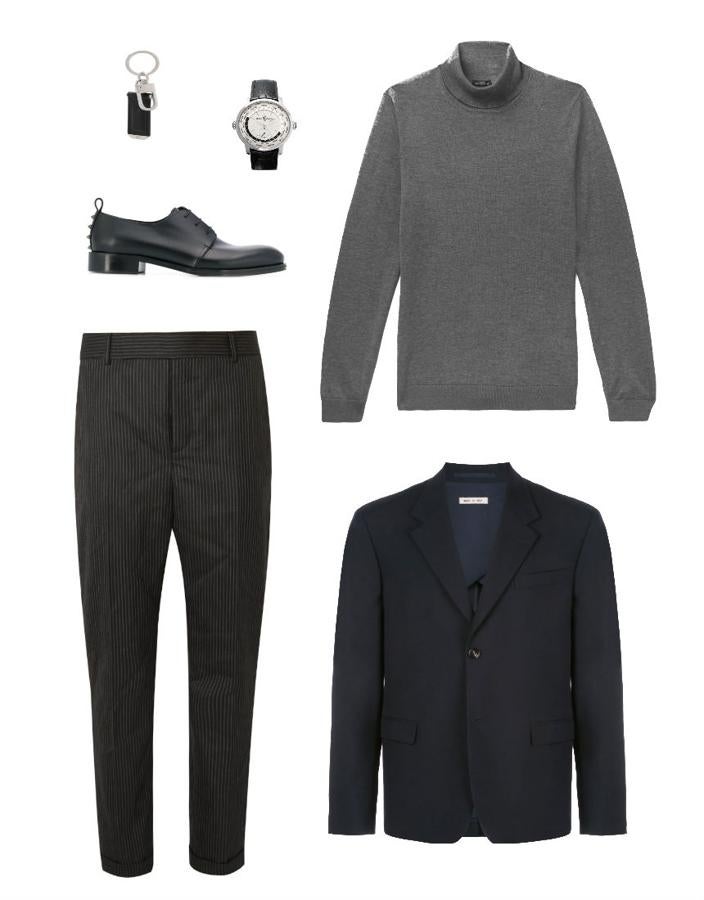 Look sobrio para Nochebuena. Algo más formal es esta propuesta en negro y gris compuesta por jersey de cuello vuelto de Hugo Boss (Precio: 150 €), pantalón de Saint Laurent (Precio: 990 €), zapatos de Valentino (Precio: 750 €), blazer de Marni (Precio: 1790 €), reloj de Girard Perregaux (Precio: 13 000 €) y llavero de Montblanc (Precio: 172 €).