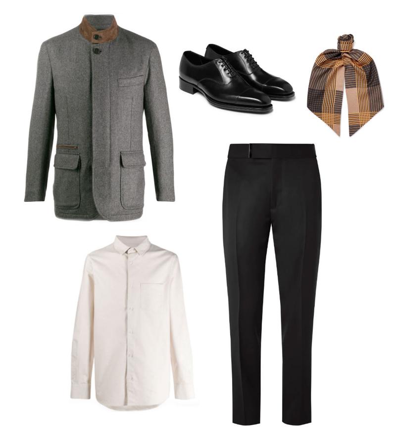Look para Nochebuena con un punto diferente. En tu armario seguro que tienes alguna pieza especial a la que no prestas demasiado atención como esta chaqueta de Brioni en color gris y camel (CPV) que sienta genial con una camisa blanca de Filippa K (Precio: 105 €), un pantalón negro de Tom Ford (Precio: 990 €), un pañuelo estampado de Camoshita (Precio: 180 €) y unos zapatos negros de Kingsman (Precio: 695 €).