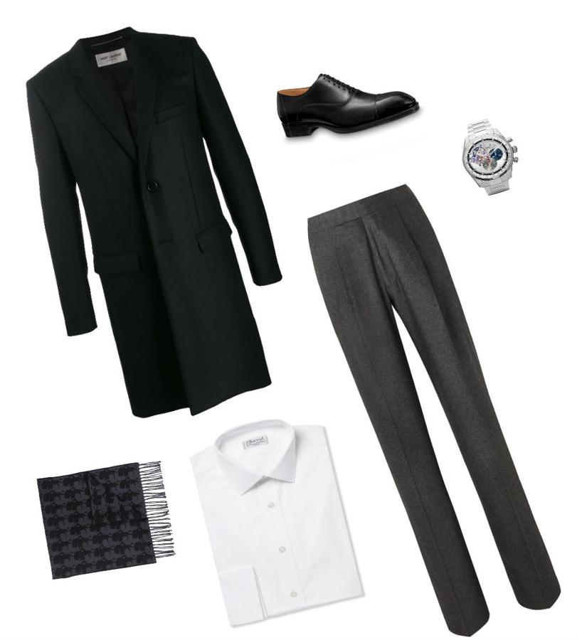 Look de Nochebuena 100% sofisticado. No llevar corbata no significa que no puedas conseguir un look 100% sofisticado. Puedes lograrlo con la combinación de camisa blanca de Charvet (Precio: 450 €), pantalón negro de The Row (Precio: 1380 €), blazer larga de Saint Laurent (Precio: 2290 €), zapatos de Louis Vuitton (Precio: 980 €), bufanda de Karl Lagerfeld (Precio: 119 €) y reloj de Zénith (Precio: 9400 €).