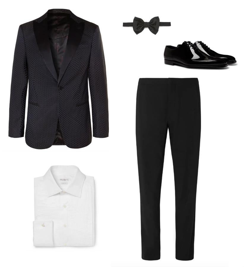 Look de Nochevieja con esmoquin fantasía. Otra forma diferente de llevar esmoquin gracias a este dos piezas de Giorgio Armani (precio: 244 euros la blazer y 730 el pantalón) que se combina con una camisa específica de Brunello Cucinelli (precio: 690 euros), una pajarita de Dsquared2 (precio: 314 euros) y unos zapatos de George Cleverley (precio: 650 euros).
