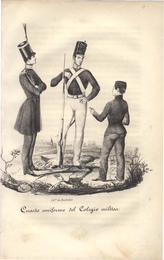 Uniformes de los cadetes del Colegio General Militar. Conde de Clonard: Memoria histórica de las academias y escuelas militares de España, 1847. 