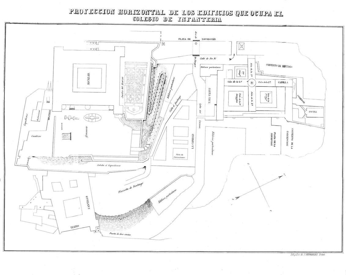 Plano de los edificios ocupados por el Colegio General Militar en 1848 y por el de Infantería a partir de 1850. En: Joaquín Ayensa y Acuña. Guía del Colegio de Infantería. Toledo: Severiano López Fando (1861).. 