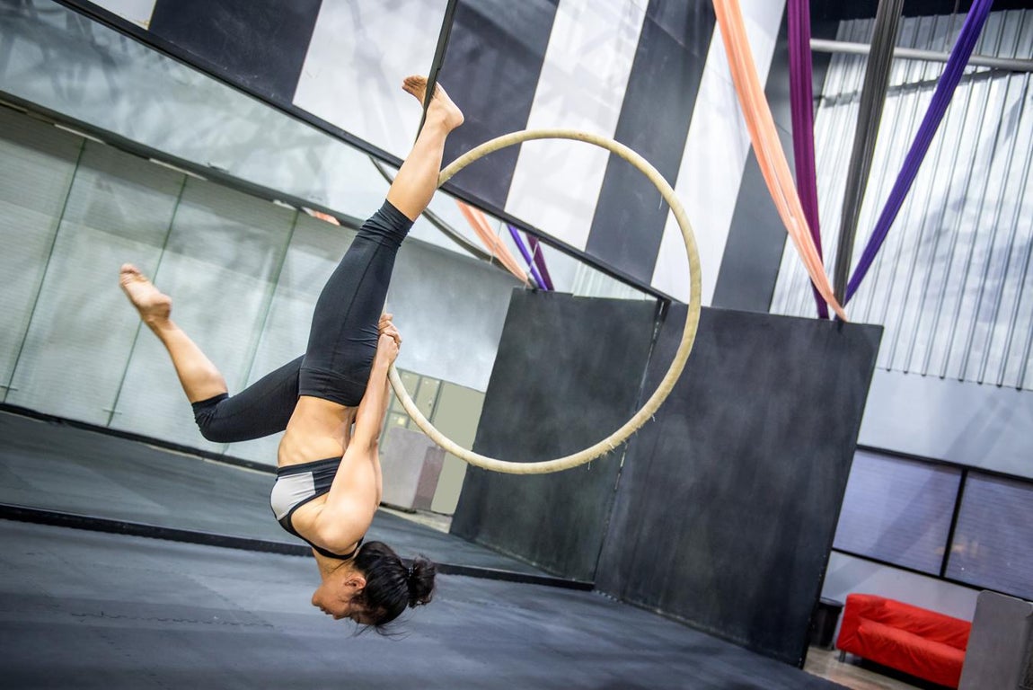 Aerial Hoop. El Aerial Hoop es un aparato de acero circular colgado en el techo, donde los artistas de circo pueden realizar acrobacias aéreas. Se puede usar estático, girando o balanceándose.