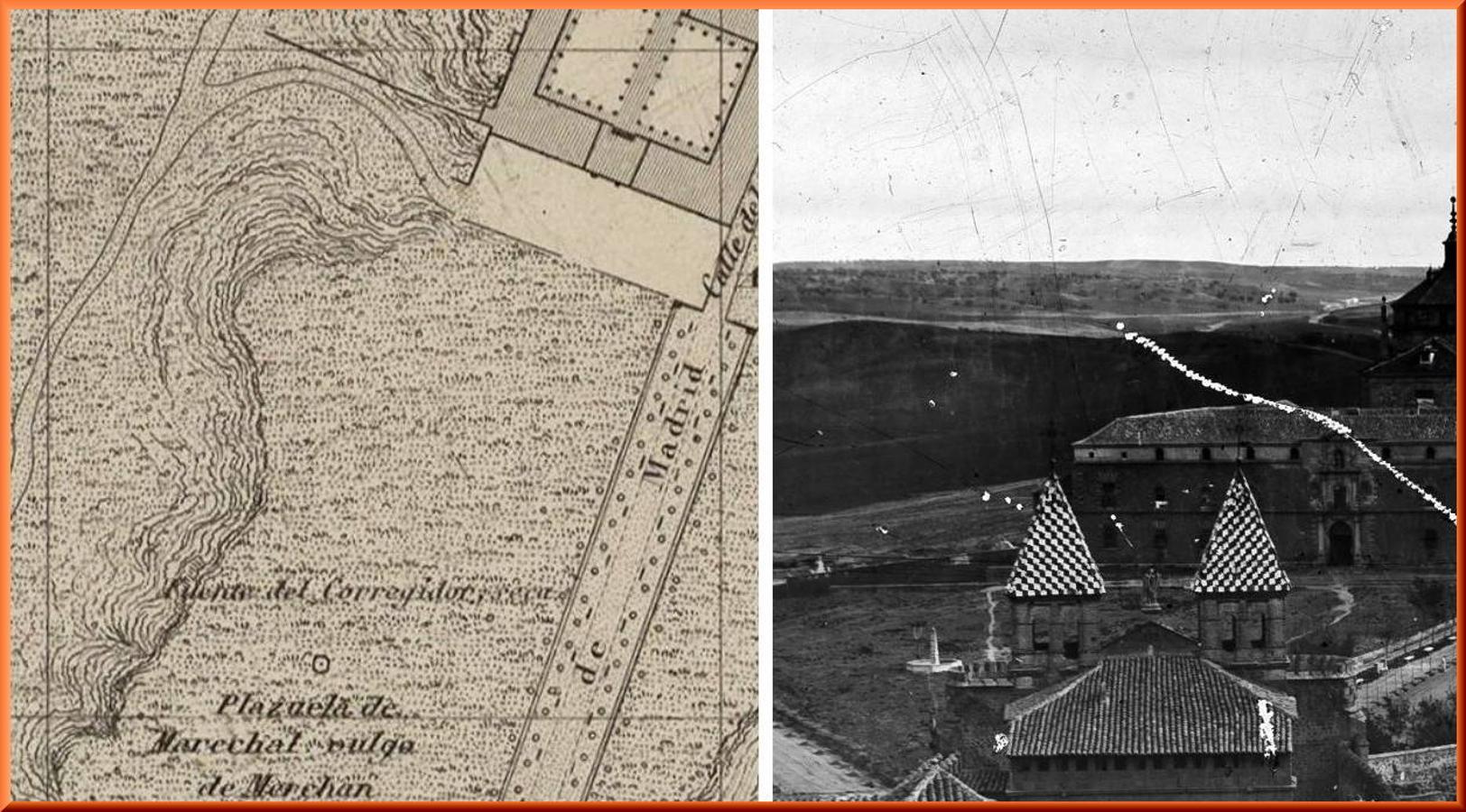 La fuente que habilitó el corregidor Antonio María Navarro en 1827 recogida en el plano de F. Coello y M. Hijón (1858) y en una foto de Alfonso Begue, antes de 1865. 