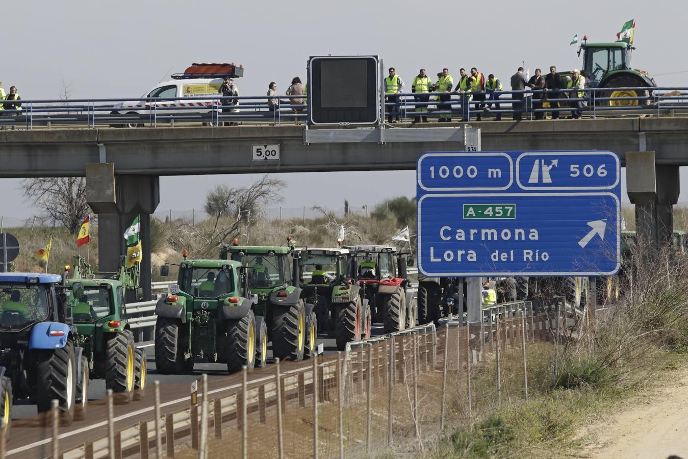 En imágenes, la tractorada de agricultores en la autovía A-4