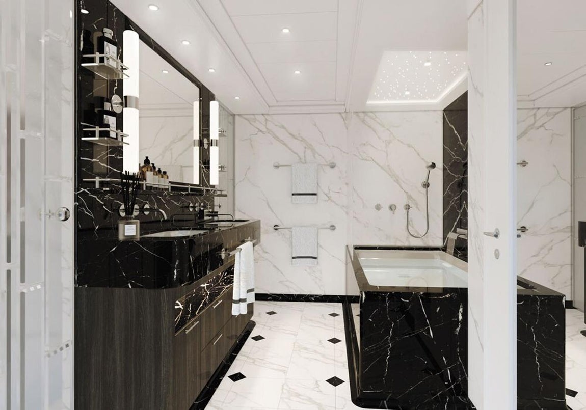 Seven Seas Splendor, el crucero de tus sueños. Además, entre las increíbles instalaciones de la suite principal destacan la sauna, el baño de vapor y un área de tratamiento, así como una terraza de 120 m2 con jacuzzi y solárium acristalado.