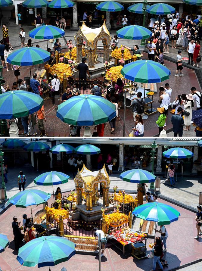 Erawan Shrine, en Bangkok. El Santuario de Erawan es un altar hindú​ situado en Bangkok, capital de Tailandia, con una estatua de Phra Phrom, la representación más común del dios Brahmā en Tailandia