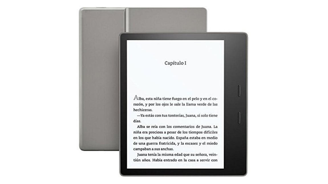 Kindle Oasis. Los amantes de la lectura podrán sacar el máximo provecho a este modelo que incorpora la funcionalidad de Kindle con un acabado en aluminio y grafito mucho más elegante. Ente las novedades posee un acelerómetro interno para orientar el centro de gravedad hacia la palma de tu mano, y crear así una experiencia lectora comparable a la de leer un libro sujetado por el lomo. Precio: 249,99€
