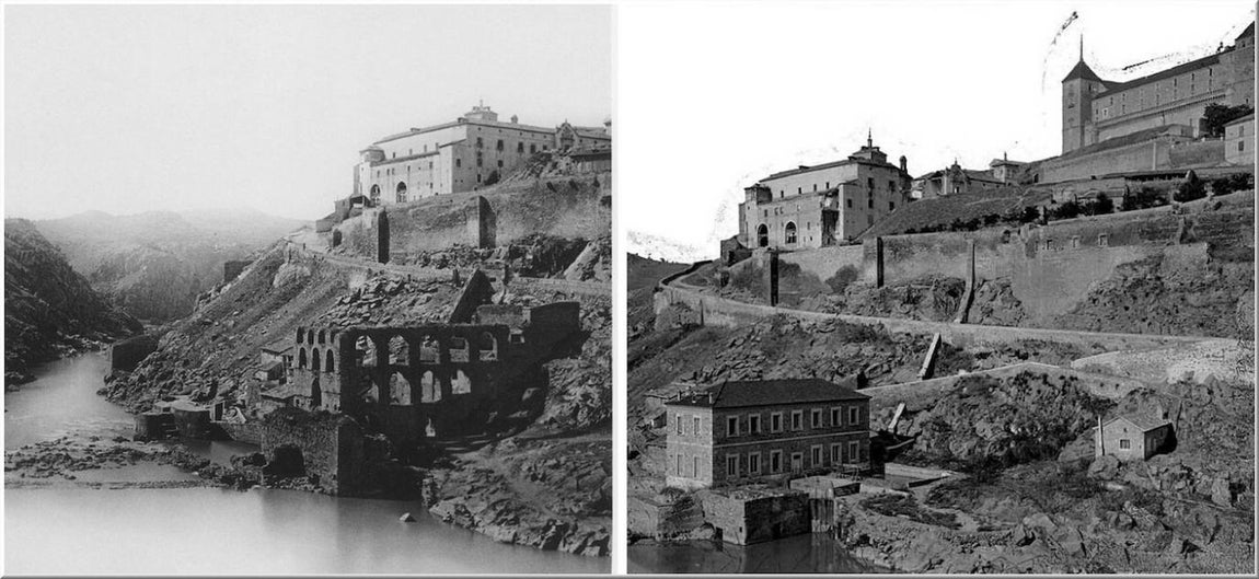 El Artificio de Juanelo hacia 1857 y la Casa Elevadora en 1884. Fotos de la firma Ferrier &amp; Soulier y J. Laurent. Archivo Municipal de Toledo (colección Luis Alba) y IPCE (Archivo Ruiz Vernacci). 