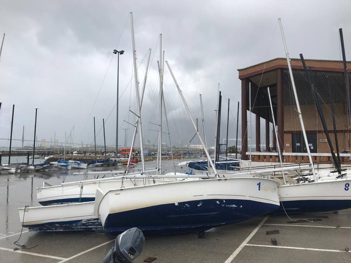 FOTOS: Instalaciones y veleros destrozados en Elcano por la tromba marina de Cádiz