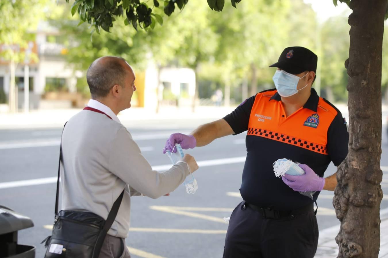 En imágenes, reparto de las mascarillas para el transporte público en Sevilla