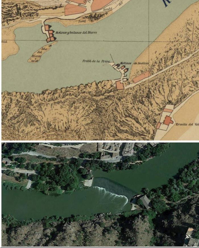 Molinos de Saelices y del Hierro en un plano editado en 1909 con la situación que existía antes de 1890 (Archivo Municipal de Toledo). Debajo, el mismo lugar con la presa que aún pervive (Google Maps, 2018). 