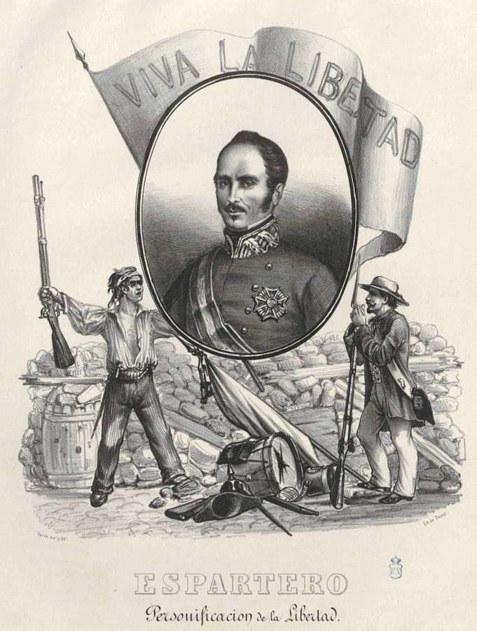 Retrato de Baldomero Espartero como campeón de la libertad. Litografía de E. Varela (c. 1855). 