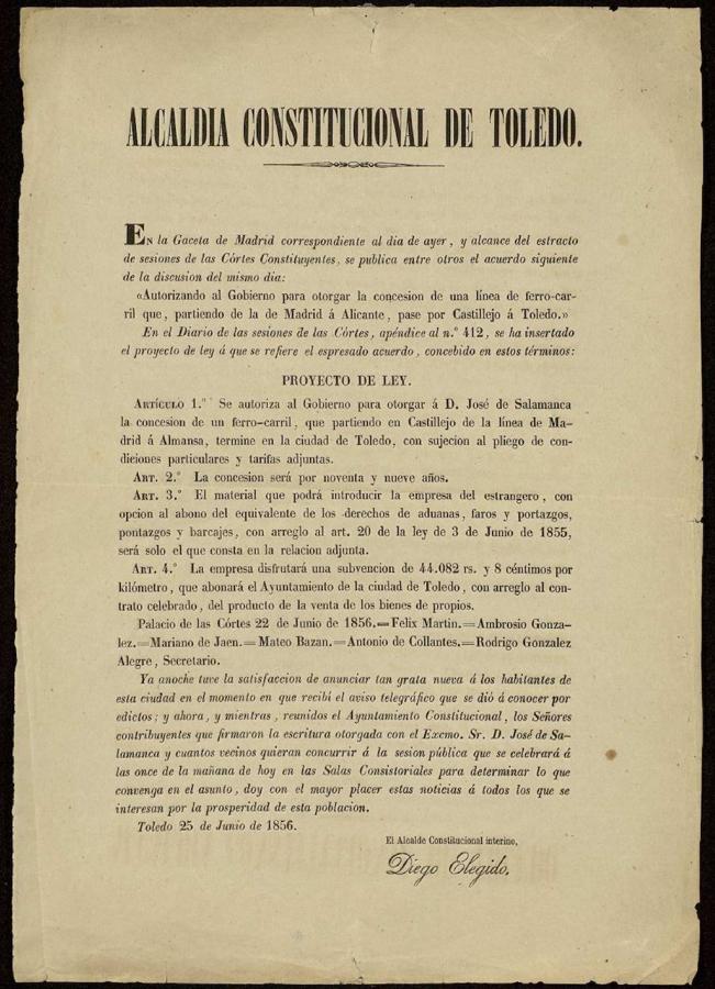 Anuncio de la aprobación del proyecto de ferrocarril a Toledo por el alcalde Diego Gómez Elegido. 25 de junio de 1856. Archivo municipal de Toledo.. 