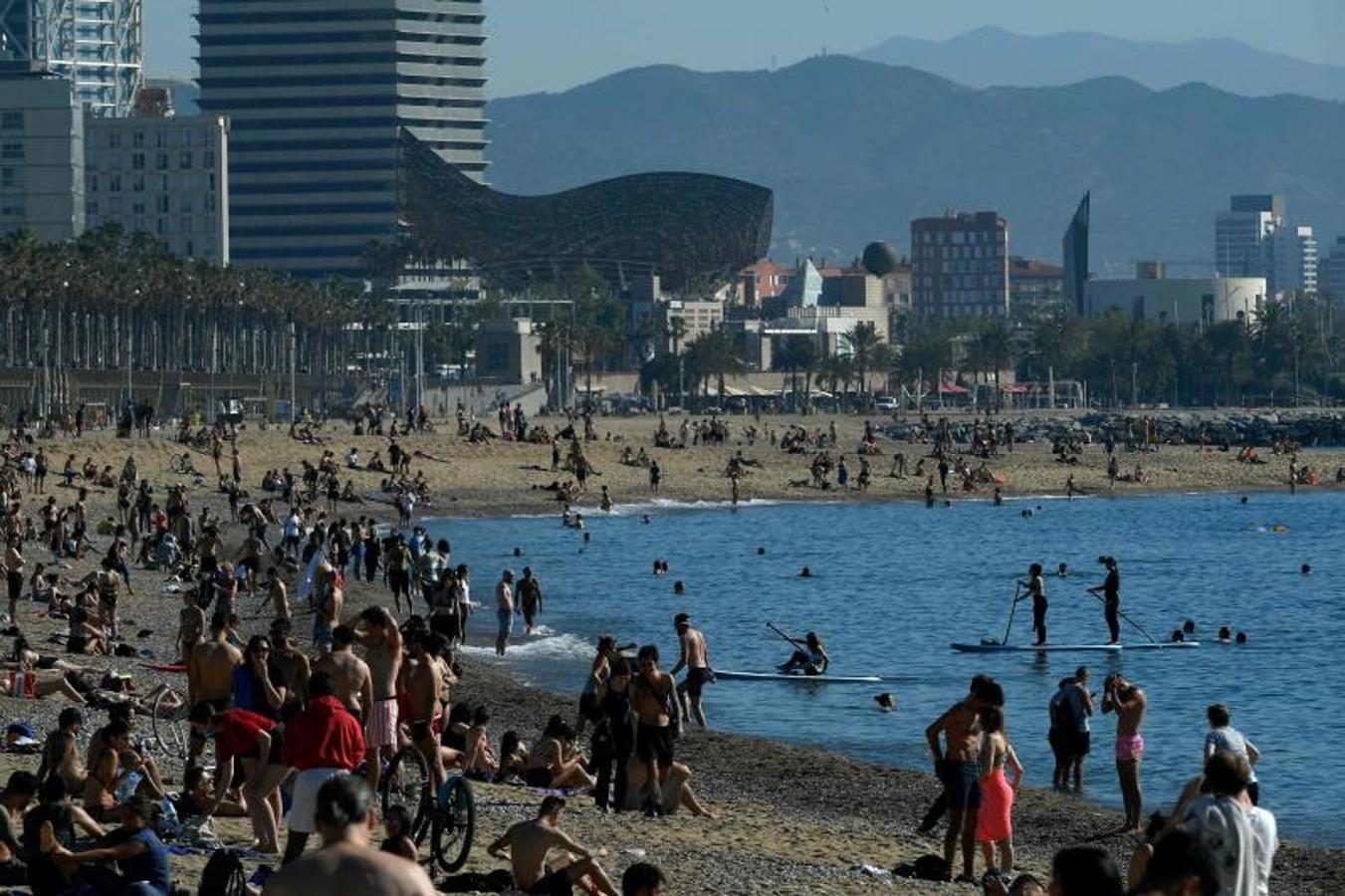 Gente tomando el sol en la playa de la Barceloneta, en Barcelona, este 20 de mayo. 