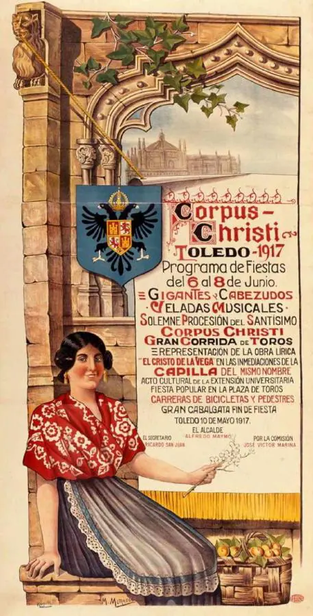 Cartel ganador del concurso de 1917 (215 x 107 cm) elaborado por Mariano Moragón Miguel que tipografió Régulo Redondo. Archivo Municipal de Toledo. 