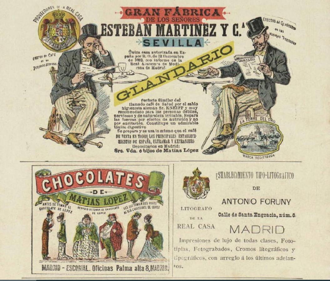 Anuncios insertados en El Domingo. Revista artística y literaria editada por el litógrafo Antonio Foruny Comas, en 1896. Incluye una reseña de su propio taller, donde se imprimieron, años después, varios carteles toledanos.. 