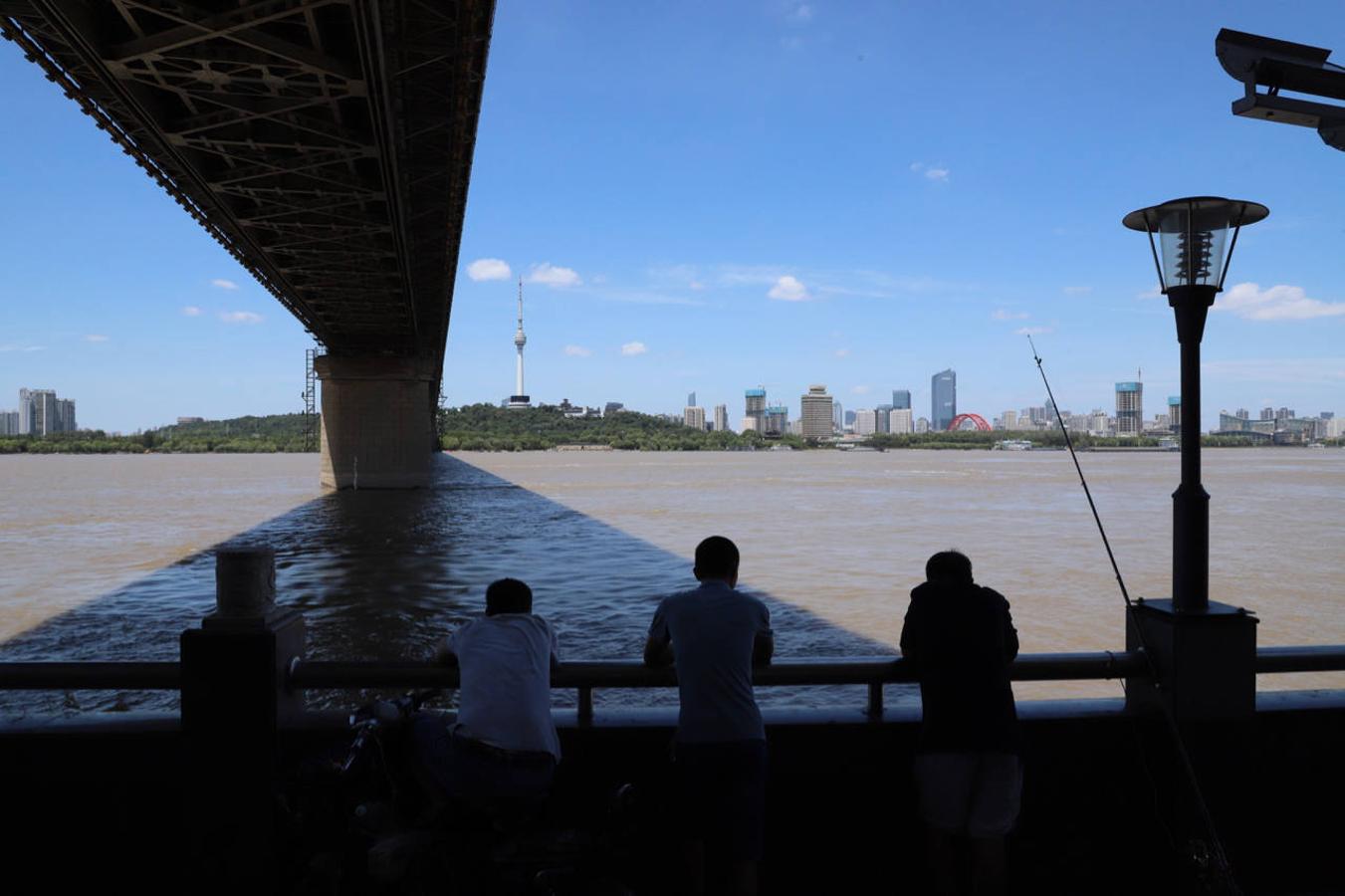 Un grupo pesca en el río Yangtsé a la sombra del Gran Puente de Hierro, donde se reúnen muchos jubilados de Wuhan para tomar el fresco. 