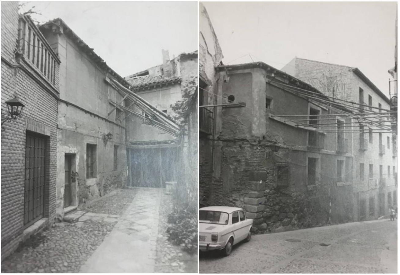 Apuntalamientos de urgencia en el antiguo edificio de Caracena a finales de la década de los ochenta del siglo XX. Archivo Municipal de Toledo. 