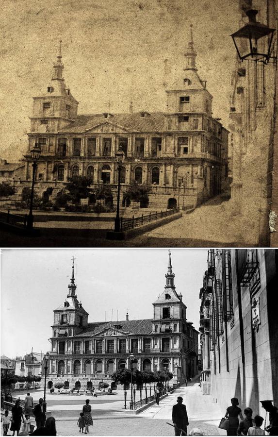 La plaza del Ayuntamiento entre dos momentos cercanos a su reforma de 1862-1864 y de 1953. Arriba foto de G. Pedroso hacia 1867. Abajo escena tomada hacia 1950. Archivo Municipal de Toledo. 