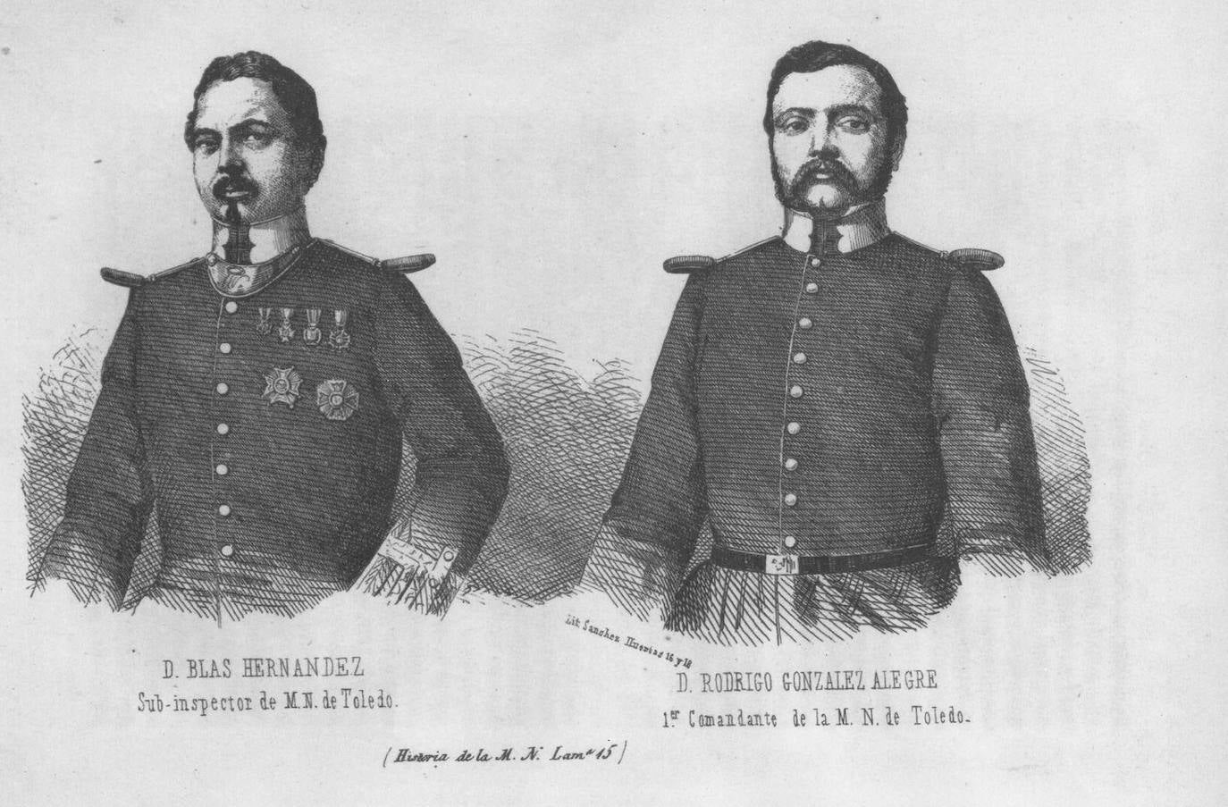 Blas Hernández y Fernando Fernández de Córdoba, jefes de la Milicia Nacional de Toledo en 1854. En Joaquín Ruiz de Morales: Historia de la Milicia Nacional (1855).. 