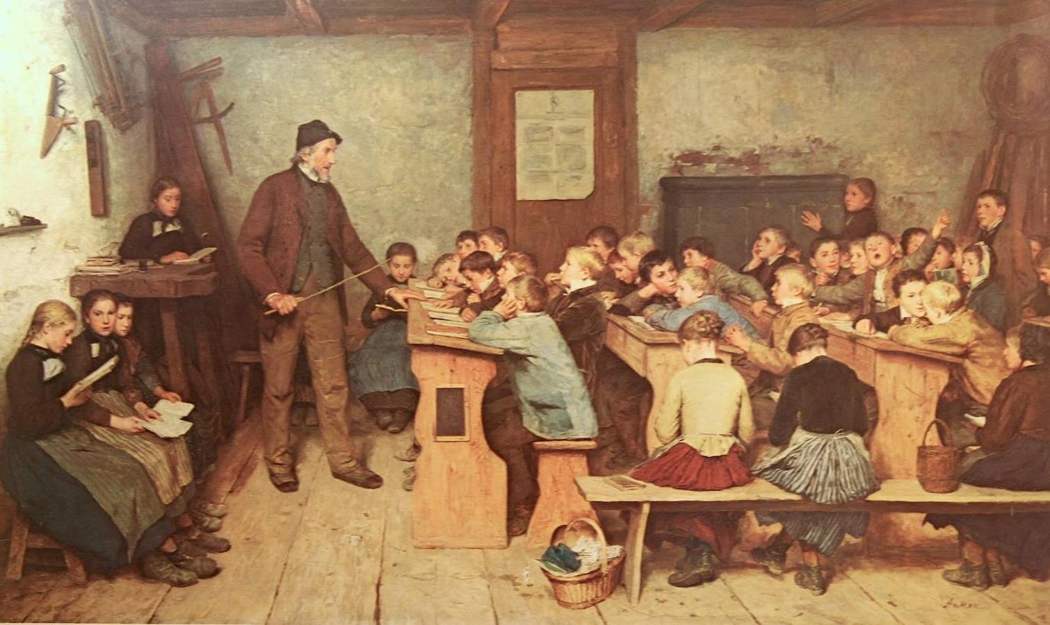 La escuela del pueblo. Obra del pintor suizo Samuel Albrecht Anker (1831–1910). 