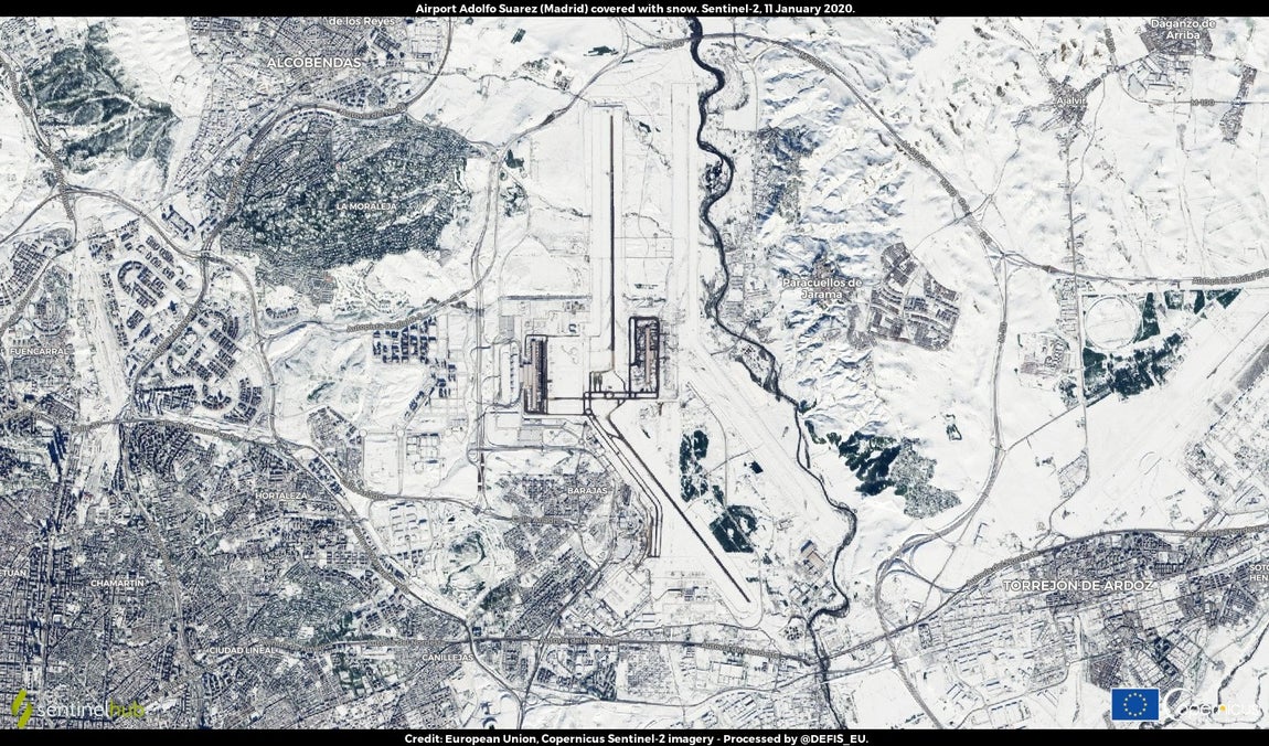 Imagen del aeropuerto Adolfo Suárez Madrid Barajas tomada el martes 11 de enero por la misión Copernicus Sentinel-2 de la Agencia Espacia Europea (ESA, por sus siglas en inglés). 