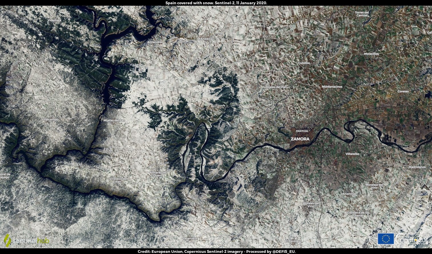 Imagen de la ciudad de Zamora tomada el martes 11 de enero por la misión Copernicus Sentinel-2 de la Agencia Espacia Europea (ESA, por sus siglas en inglés). 