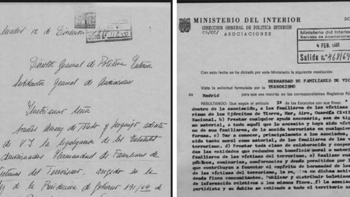 1981, nace la «Hermandad de Familiares de Víctimas del Terrorismo". El 4 de febrero de1981, se inscribió en el Ministerio del Interior la Hemandad de Familiares de Víctimas del Terrorismo, cuyos estatutos habían sido sometidos previamente a legalización con fecha 12 de diciembre. Entre los fines de la organización se cita «prestar cualquier ayuda necesaria, sea de tipo moral como material, a todo aquel que lo necesite y haya sido víctima, alguno de sus familiares, de la acción terrorista en cualquiera de sus formas».