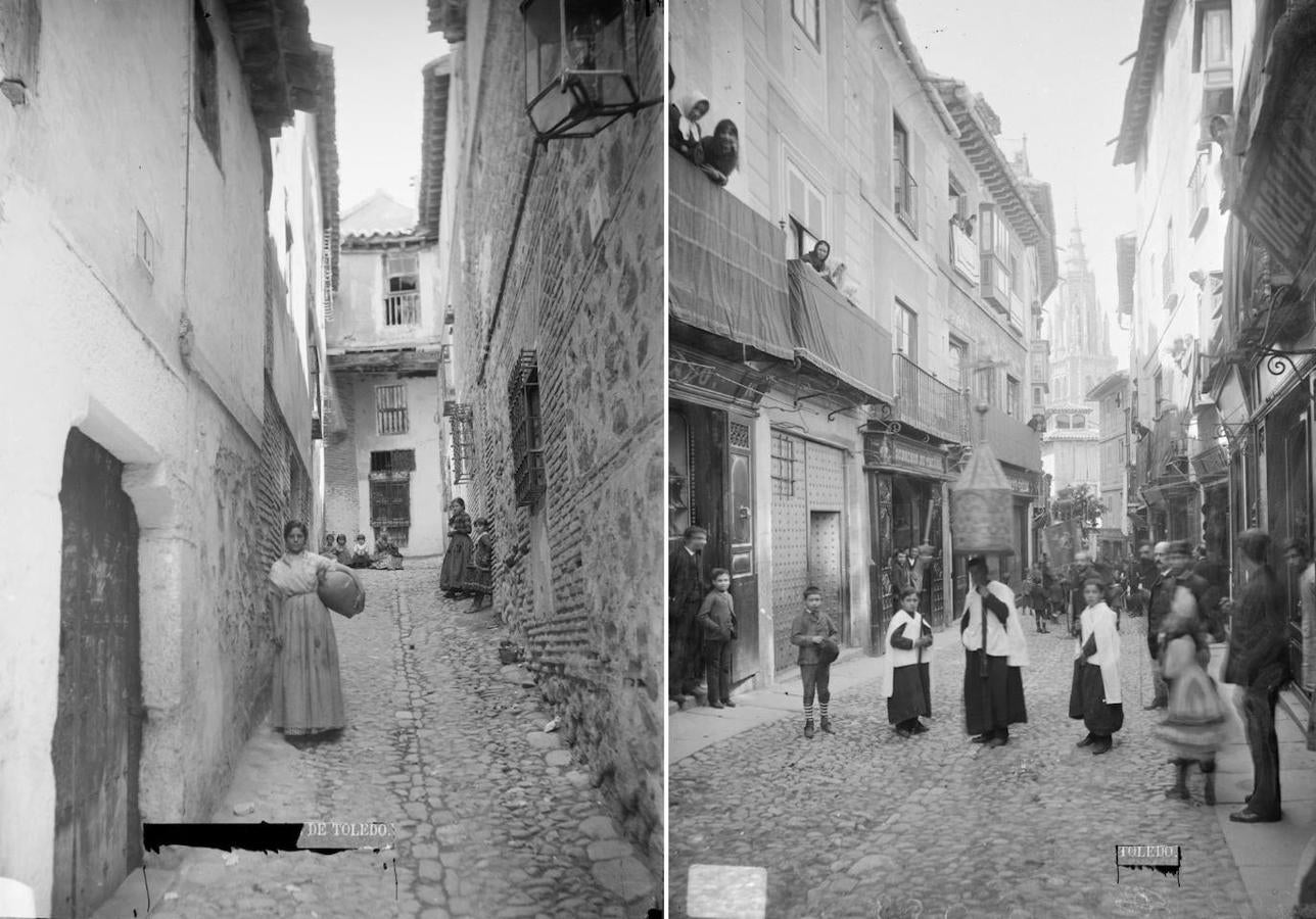 A la izquierda, poblado por humildes vecinos, el callejón de los Niños hermosos, sin aceras y el suelo de guijarros con una vertiente central. A la derecha, calle del Comercio, una de las primeras en acerarse con grandes losas de granito en el siglo XIX. Fotografías de Alguacil. Archivo Municipal de Toledo. 