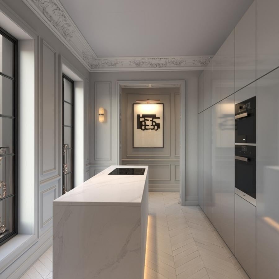 El nuevo apartamento de Marta Ortega en Madrid. La cocina posee electrodomésticos de alta gama cuyos elegantes acabados la integran con el resto de las estancias en un equilibrio perfecto.