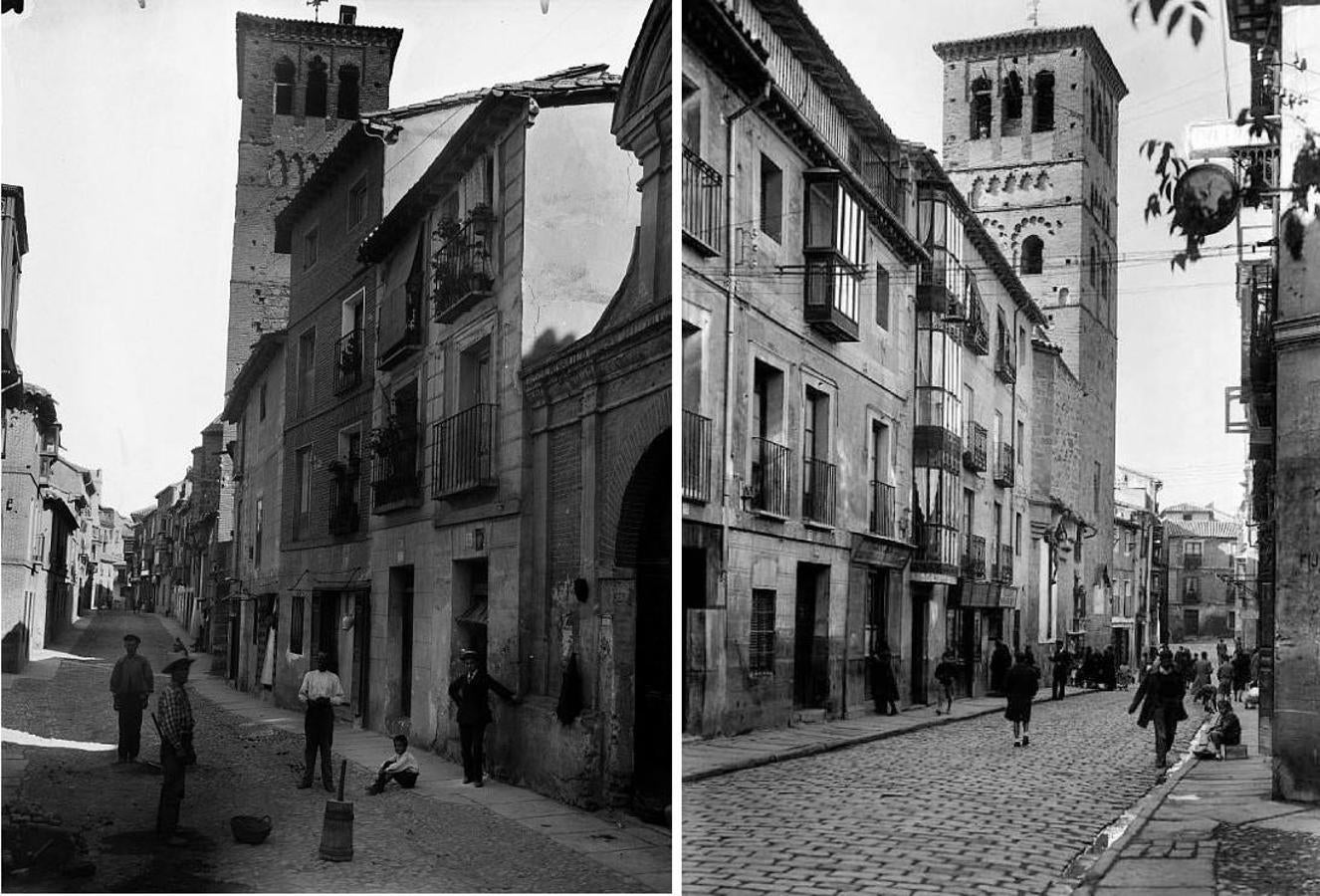 Calle de Santo Tomé. A la izquierda, una foto de Linares (ca.1917), recoge el arreglo del empedrado a base de tierra y pisón de mano A la derecha, una postal de Artigot (ca. 1952), nos ofrece aún el suelo de adoquines, dispuesto entre 1919 y 1924. Archivo Municipal de Toledo. 