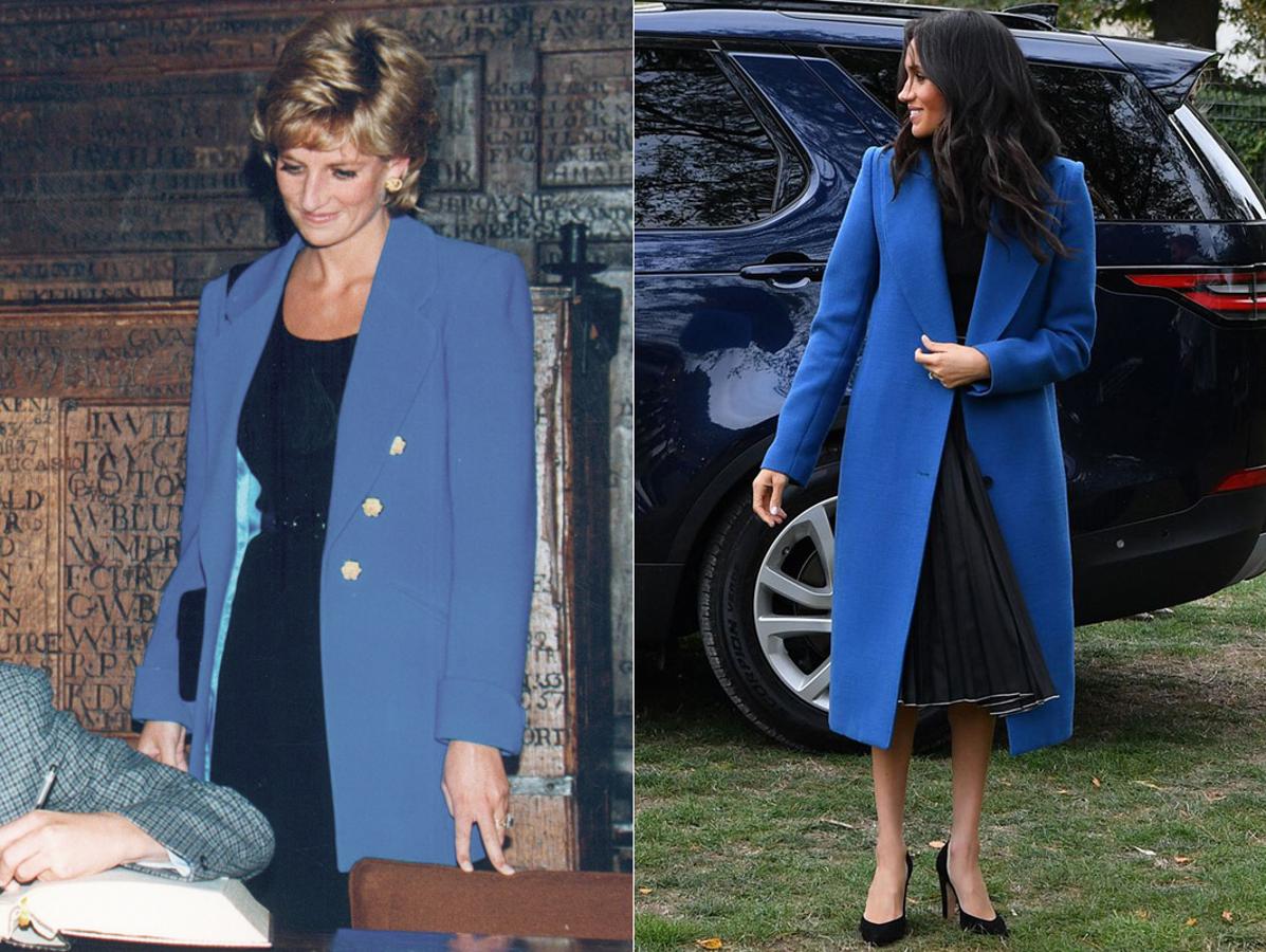 Abrigos azul klein. El azul índigo fue sin duda uno de los colores de la princesa Diana desde que hiciera sus primeras apariciones públicas antes de casarse con el príncipe Carlos de Inglaterra. En la imagen tomada en los 90, Diana aparece con una americana larga en esta tonalidad, durante una de las jornadas del colegía de su hijo Guillermo. En 2019, Meghan hizo una aparición pública junto a su madre, ocasión para la que escogió un favorecedor abrigo en color azul índigo de la firma Smythe.