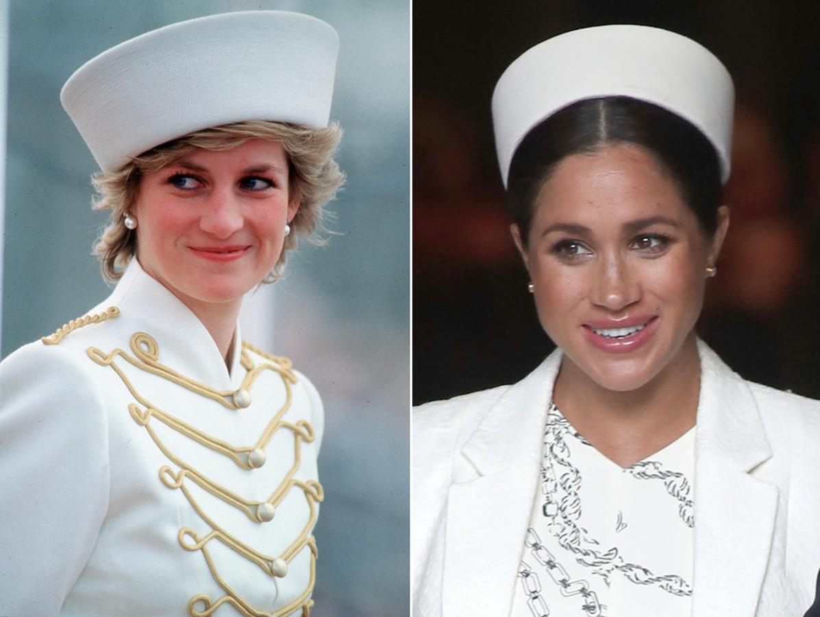 Sombrero blanco. Los tocados son un básico en muchos de los estilismos de ambas. En la década de los 90, Lady Di así lo lució con su impecable diseño Catherine Walker tan aclamado. Mientras que Meghan Markle escogió un tocado muy parecido en los actos de celebración por el Día de la Commonwealth en Londres en 2019.