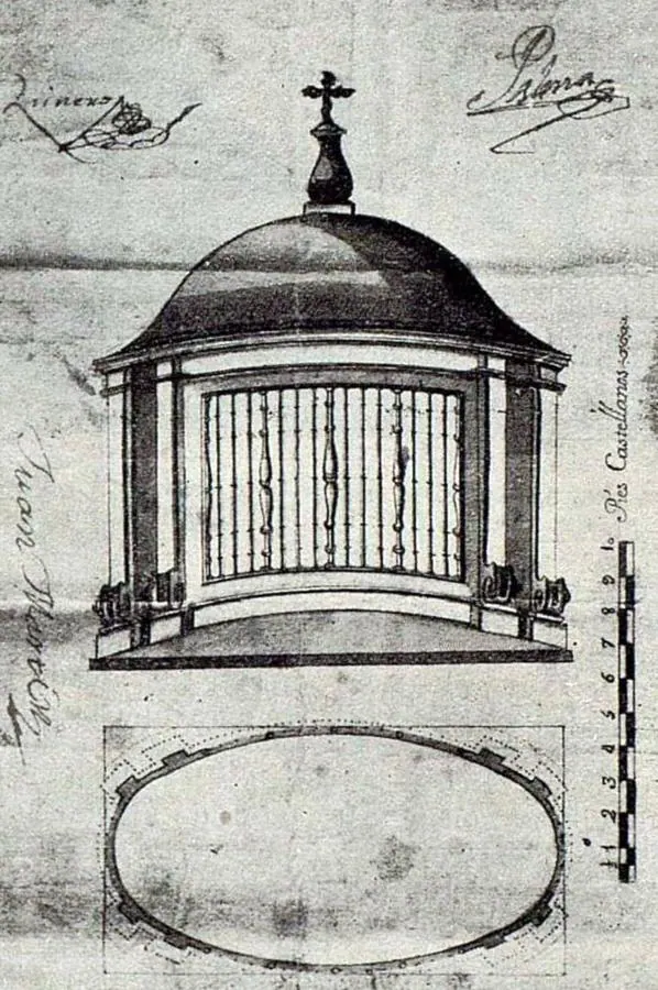 Diseño del clavicote en un documento de la cofradía de la Santa Caridad, con las cuentas referidas a su construcción en 1759. Las trazas y el acuerdo fueron publicadas por M. Goitia, en 1929, en Toledo. Revista de Arte. 
