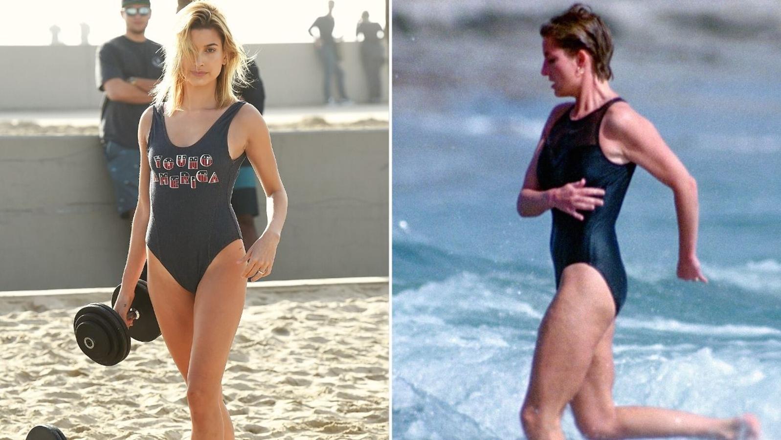 Bañador mejor que bikini. Oscuros, con escote a la cadera para alargar las piernas, tirantes gruesos y con cortes sencillos. La que fuera la prenda de baño favorita de Diana parece serlo también de Hailey, que lo lleva con cortes muy parecidos.