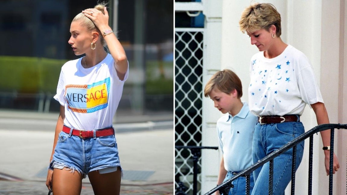 Aires 'vintage' con jeans y camiseta. Los vaqueros, tanto largos como en versión 'shorts', eran su comodín cuando buscaba un look cómodo y versátil. Los solía elegir en tonos claros, con cintura alta y corte recto y los combinaba con camisetas de algodón básicas donde un cinturón de piel se encargaba de estilizar la silueta y aportarle el toque de elegancia.