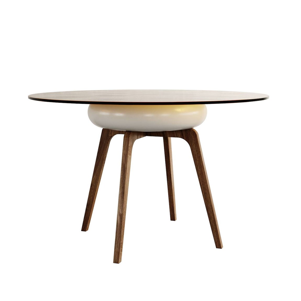 La exquisita mesa de café de la Capsule Collection de Trueba Studio está hecha con madera de nogal, vidrio ámbar mate y centro de alabastro (CPV).. 