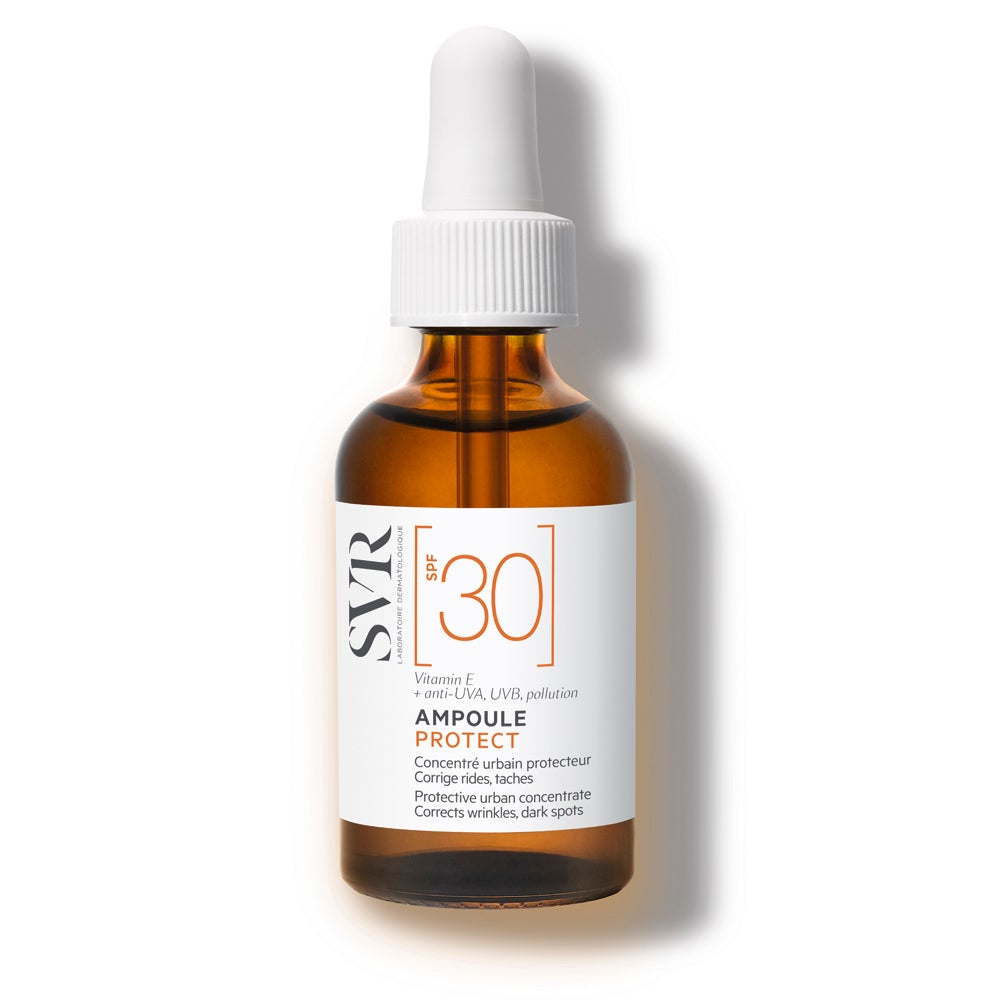 Ampoule Perfect SPF 30 de SVR. Protector urbano en formato sérum, apto para todas las pieles. Su fórmula contiene cuatro filtros solares orgánicos y fotoestables, combinados con un complejo anti-oxidante que incluye vitamina E, bayas de Schisandra y extracto de berro, para una protección eficaz de las pieles frente a los rayos solares, la polución y la oxidación celular. La textura es un aceite seco de rápida absorción que se funde con la piel al instante sin dejarla grasa ni pegajosa. Se puede utilizar a modo de sérum o sobre el maquillaje. (39,90 €)