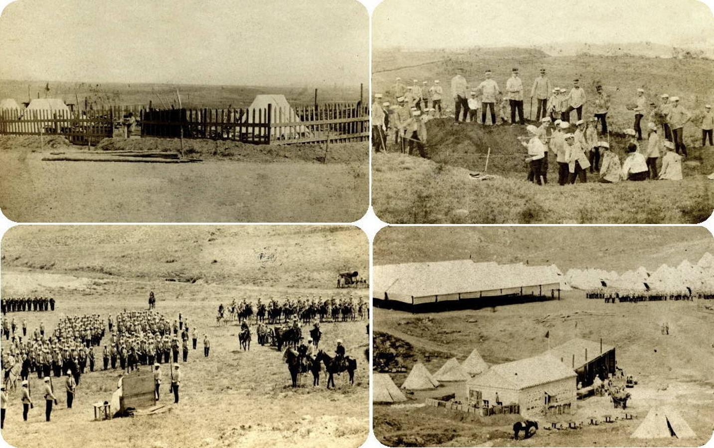 Vistas del campamento de Alijares en 1888. En sentido de las agujas del reloj. Tiendas de campaña, ejercicios de fortificación, la zona de comedores y cocina y misa de campaña. Archivo Municipal de Toledo. 