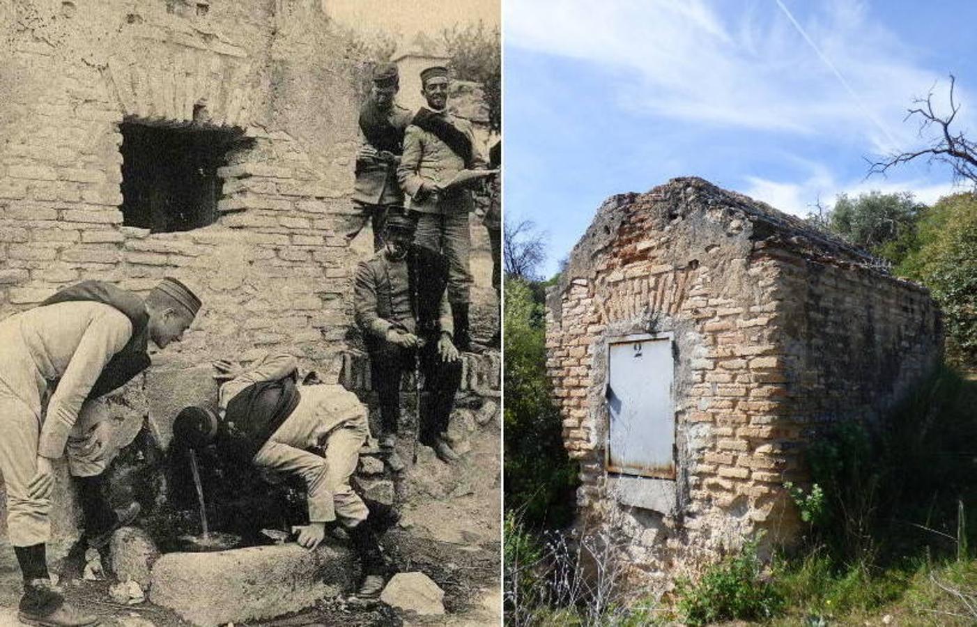 Alumnos de la Academia de Infantería en la fuente de la Teja (Gabinete Fotográfico de la Academia de Infantería de Toledo,1906). A la derecha, la misma fuente en 2019, fotografía de Rafael del Cerro. 