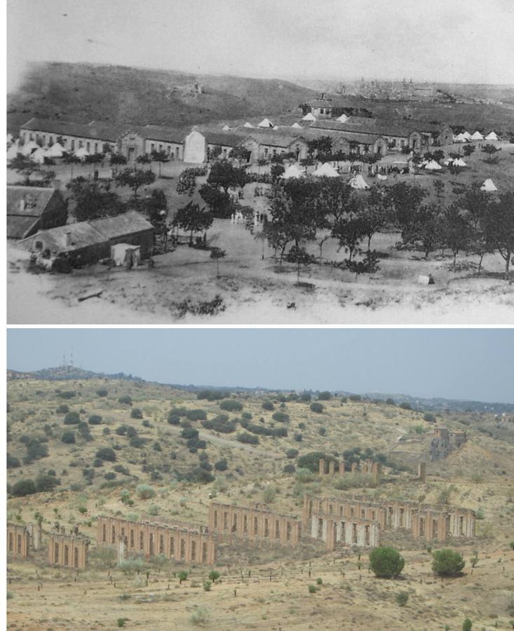 Arriba, pabellones de fábrica en el campamento de Alijares en 1920. Abajo, restos de los mismos edificios en la actualidad; fotografía de José Luis Isabel Sánchez. 