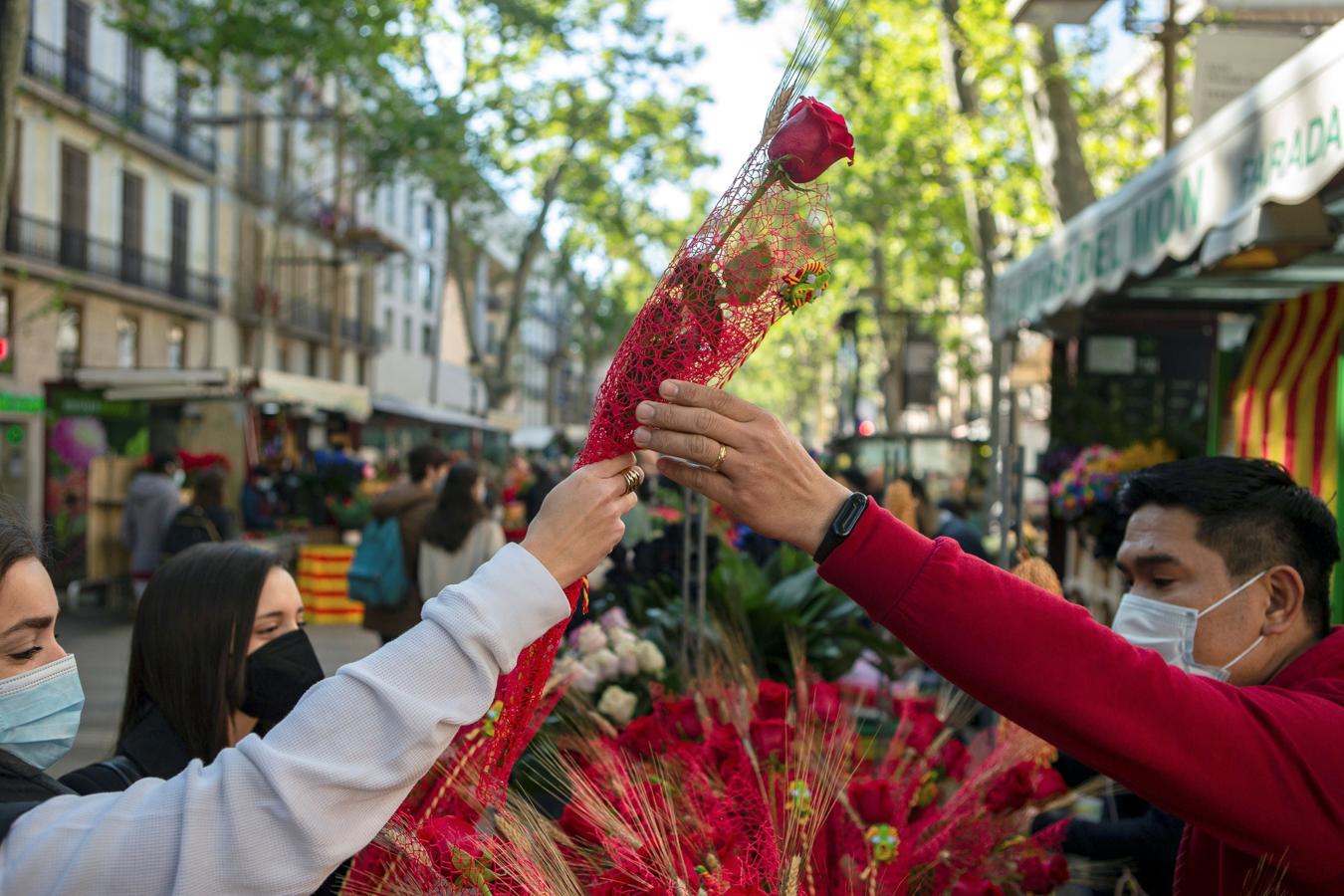 Un florista entrega una rosa a una clienta en un puesto de las Ramblas de Barcelona este viernes. 