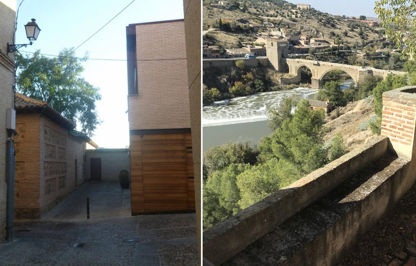 Travesía de Roca Tarpeya. A la izquierda, aspecto actual del antiguo adarve con la vivienda de Victorio Macho bajo los árboles del jardín. A la derecha, detalle del mirador en el interior del adarve que se privatizó en 1954. FOTOS RAFAEL DEL CERRO. 