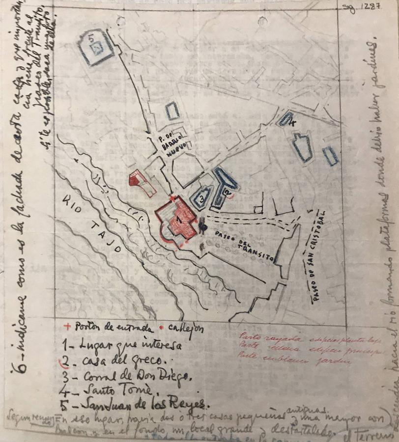 Croquis del entorno del paseo del Tránsito con los apuntes (alguno erróneo) remitidos, en 1949, por Fulgencio Pérez Pencho a su tío Victorio, residente en Perú. Archivo Victorio Macho. Real Fundación de Toledo. 