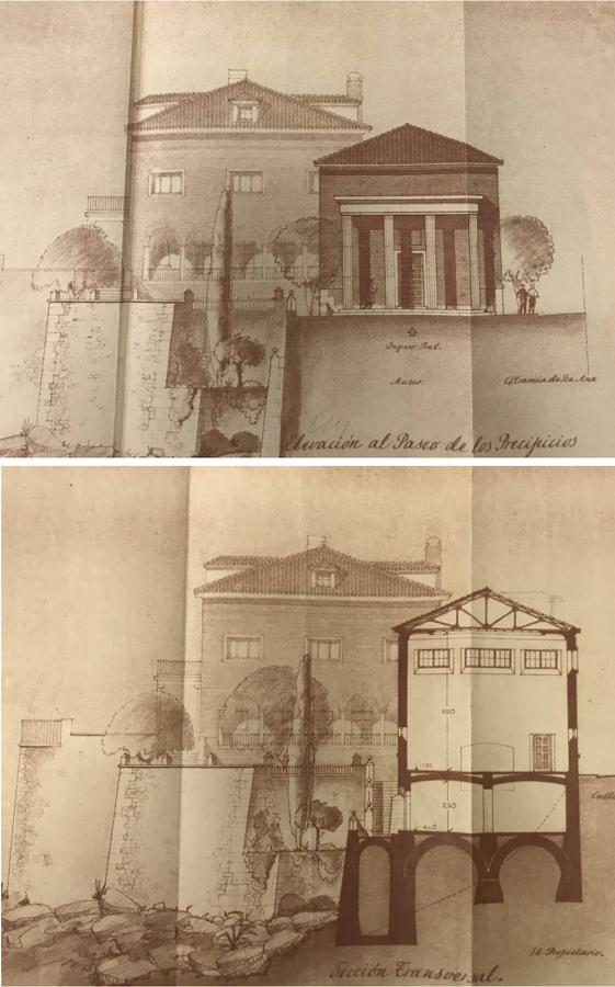 Arriba, alzado del Tallerón con un pórtico dórico hacia el paseo de los Precipicios. Debajo, sección del mismo alzado con los dos niveles de la nave y los cimientos sobre los terraplenes. Proyecto inicial de Secundino de Zuazo (marzo de 1953). Archivo Victorio Macho. Real Fundación de Toledo. 